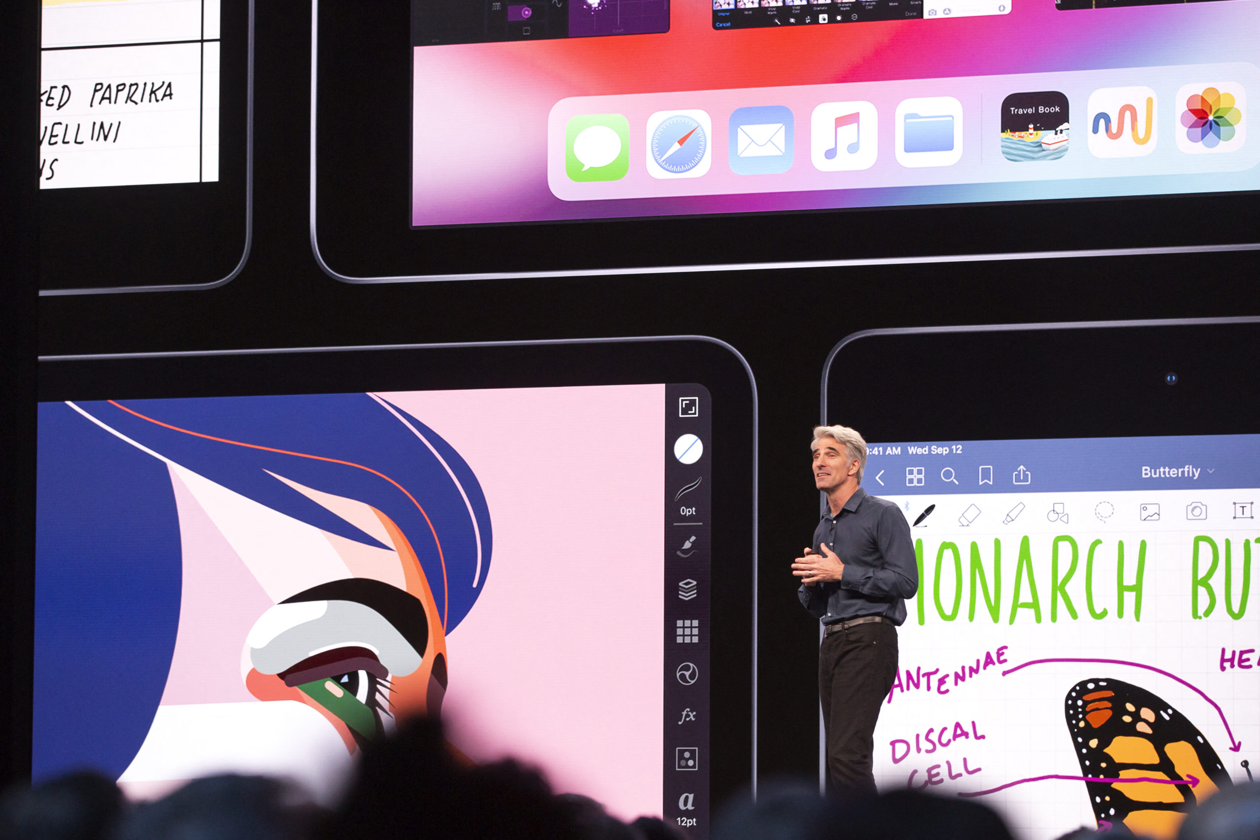 Apple's senior vice president of Software Engineering Craig Federighi speaks during Apple's Worldwide Developer Conference (WWDC) in San Jose, California on June 3, 2019. (Photo by Brittany Hosea-Small / AFP)