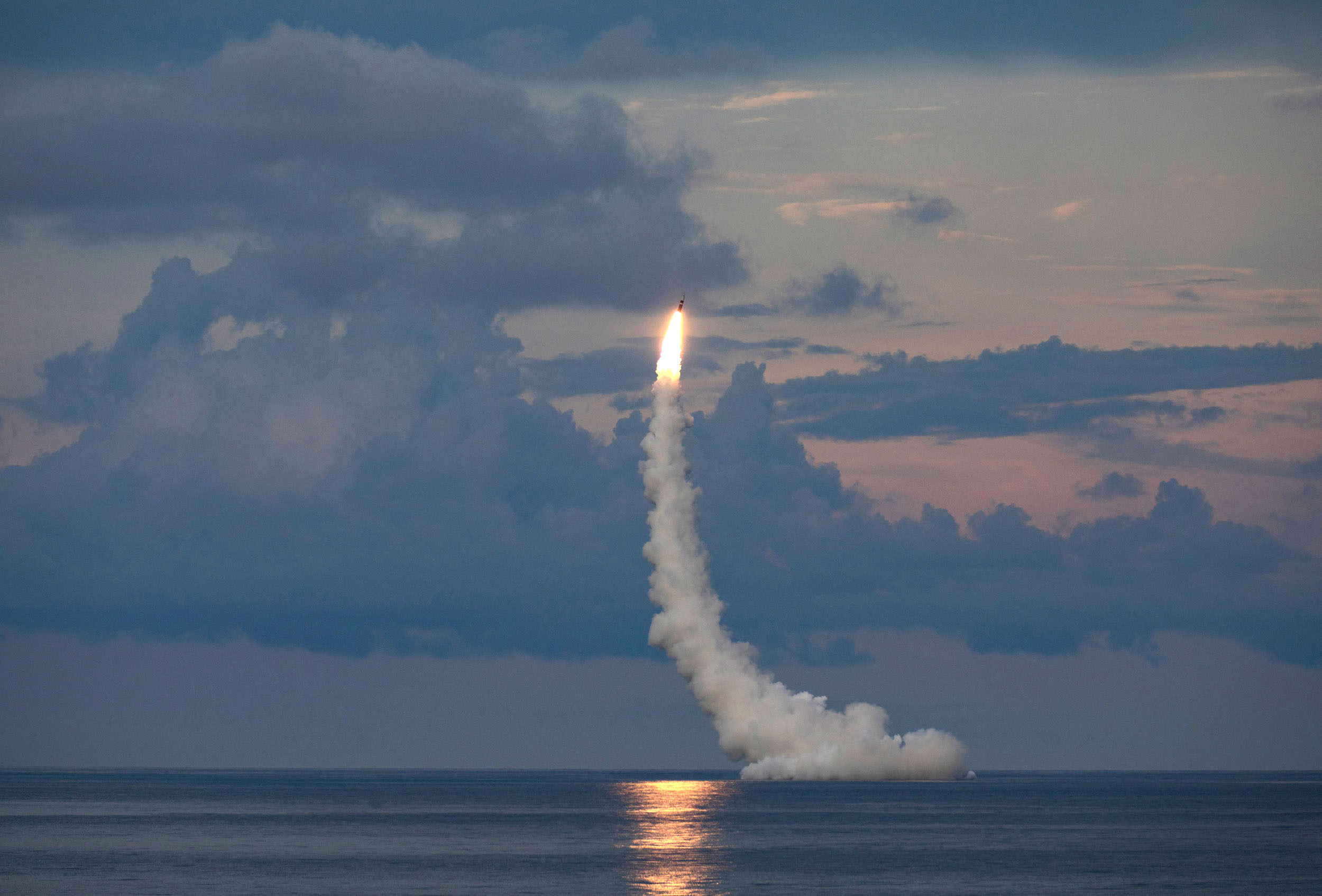 Image that shows the US Navy conducting a scheduled, two-missile test flight of unarmed life-extended Trident II (D5LE) missiles from USS Wyoming (SSBN-742), an Ohio-class ballistic missile submarine, on the Eastern Test Range off the coast of Cape Canaveral, Florida, Sept. 17, 2021. Despite being scheduled, the nuclear ballistic missile submarines comes as the US has penned a deal to work with the UK to build nuclear-powered submarines for Australia. (Photo by EyePress News / EyePress via AFP)